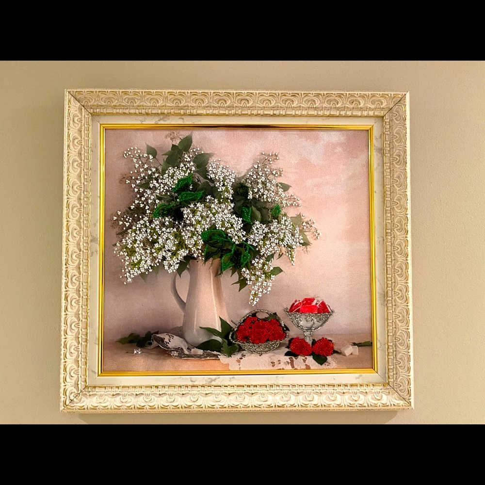 «White lilac” beaded embroidery on silk 16 x 15